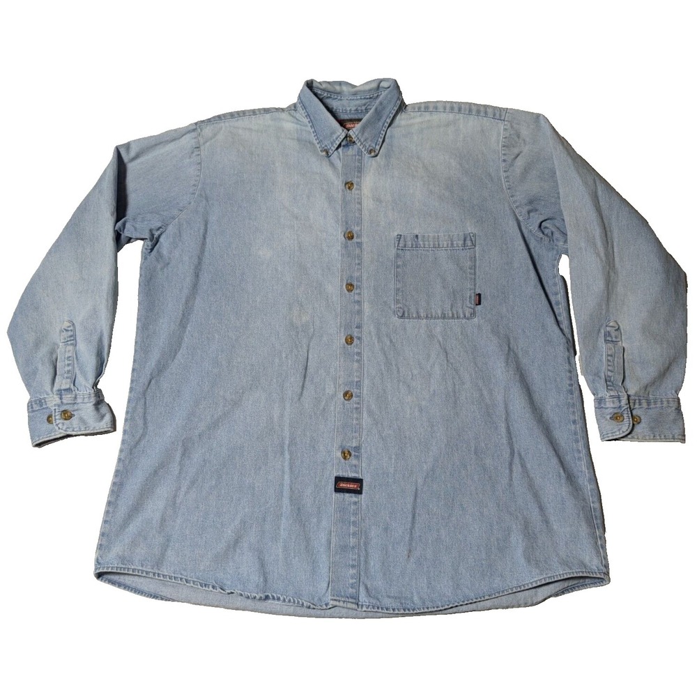 Genuine DICKIES Denim WORK Shirt Men XL Light Wash Cotton Button Long Sleeve
